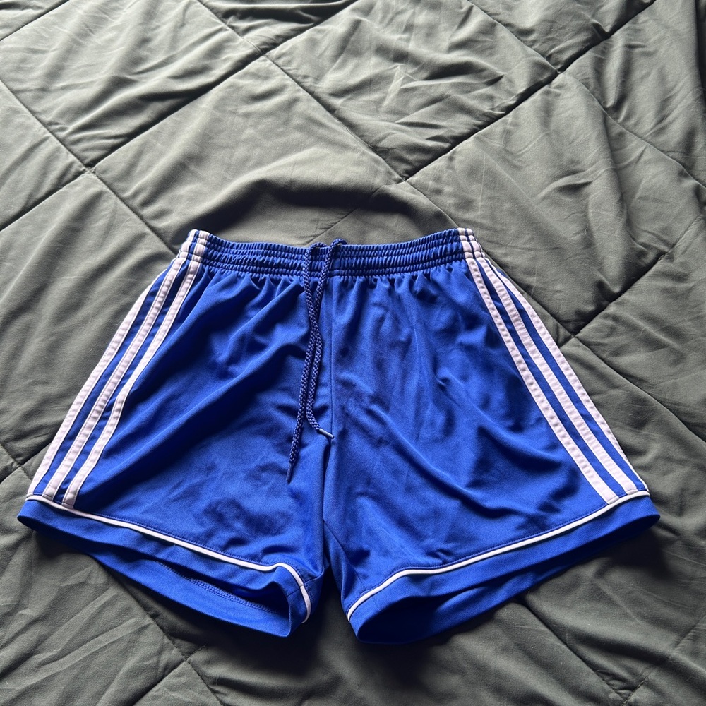 Adidas Blue and White Athletic Shorts with Iconic Stripes